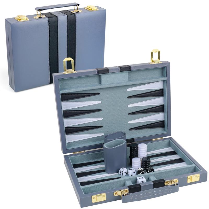 Reriver Backgammon Set 2 Players Classic Backgammon Sets For Adults Board Game With Pu Leather Case Portable And Travel Backgammon Set (Grey, 11Inch)